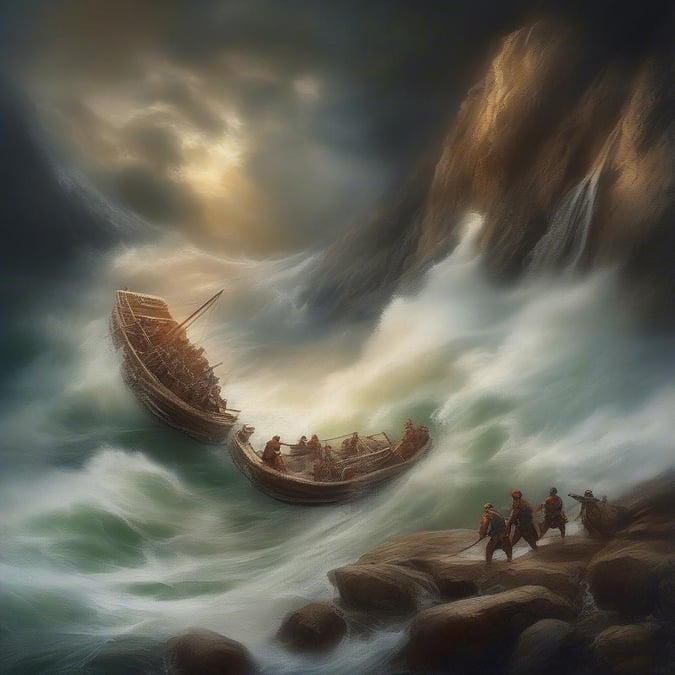 A group of adventurers braves the rough seas on an early morning journey.