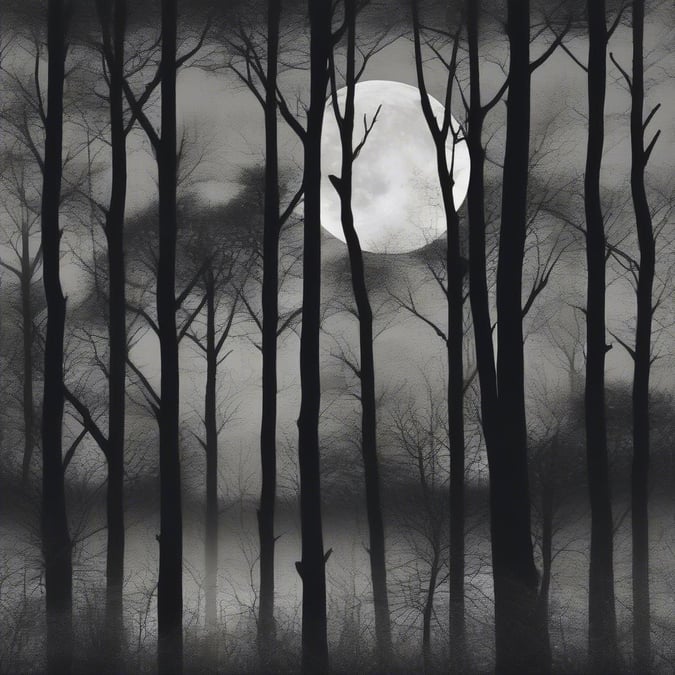 Add a touch of mystery to your desktop or mobile with this stunning black and white forest wallpaper featuring a full moon.