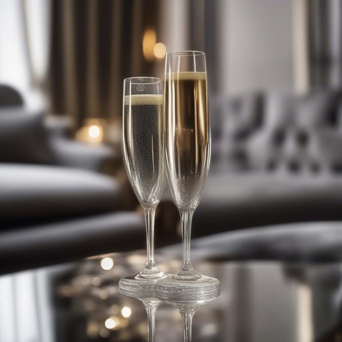 A pair of elegant champagne flutes filled with sparkling bubbles, set against a sleek interior backdrop. Perfect for toasting or enjoying a luxurious drink.