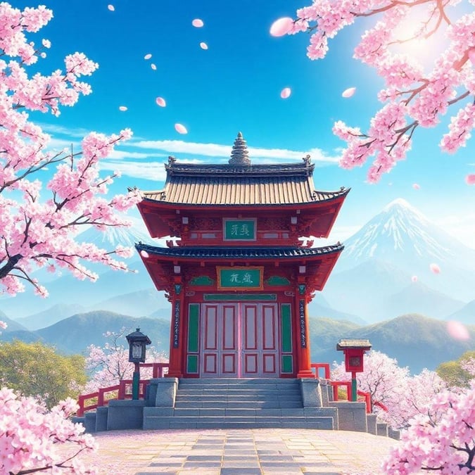 Immerse yourself in the tranquil beauty of this anime-style scene, where a Shinto shrine is nestled among blooming cherry blossom trees, set against the majestic backdrop of misty mountains and a radiant sky.