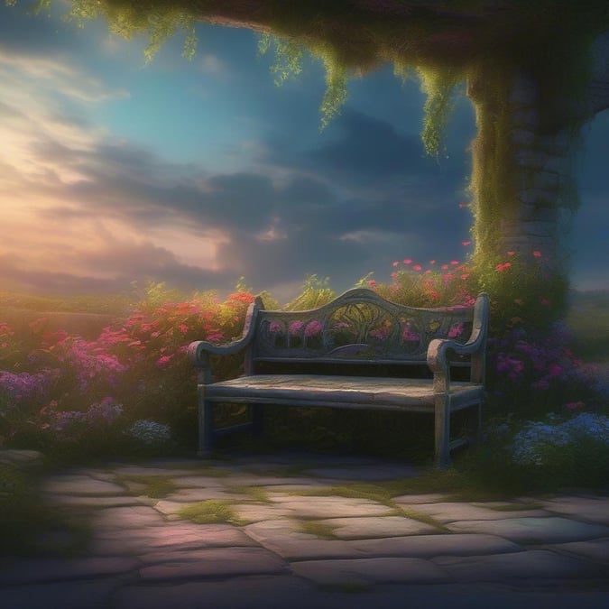 This serene image features a garden bench surrounded by vibrant flowers, capturing the essence of a peaceful moment in a lush garden setting.