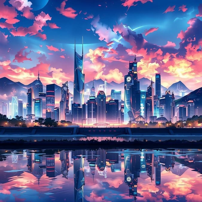 Este papel de parede de paisagem urbana em estilo anime apresenta um horizonte futurista com edifícios altos e um lago sereno, criando uma mistura harmoniosa de natureza e tecnologia.