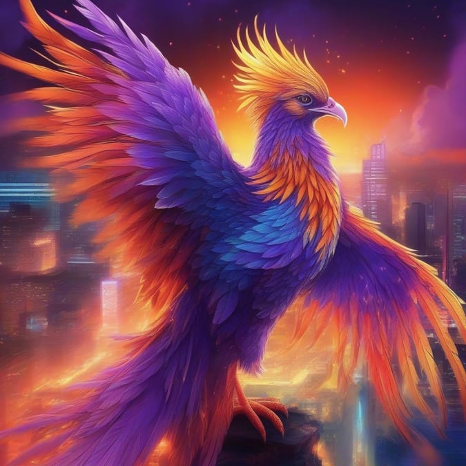 This image features an anime-style depiction of a majestic phoenix rising triumphantly from the ashes. The vibrant feathers in shades of orange and yellow contrast beautifully against the backdrop of a neon-lit cityscape. The scene is bathed in hues of blue and purple, evoking a sense of calm amidst the powerful display of the phoenix's rebirth.