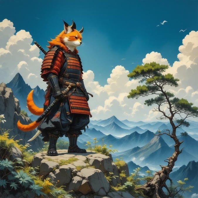 Immerse yourself in the world of anime with this stunning wallpaper featuring a powerful samurai standing on a mountain peak, surrounded by lush greenery and a deep blue sky.