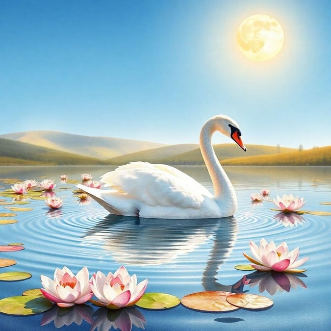 This serene wallpaper features a majestic swan gliding through the calm waters of a lake, surrounded by lily pads and lush greenery. The image exudes a sense of tranquility and natural beauty, making it perfect for those who appreciate the wonders of the animal kingdom.