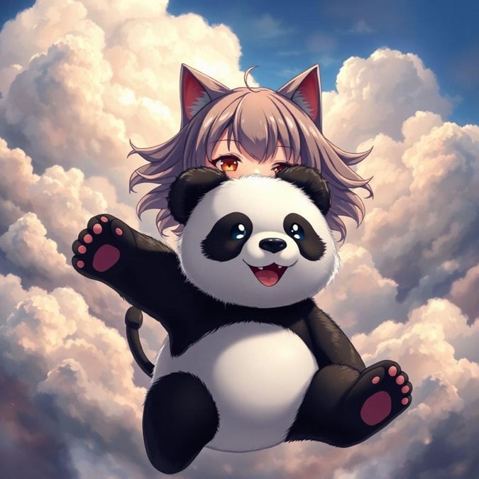 A captivating digital illustration of a young girl with cat ears and tail, set against a cloudy sky, with a large panda as the focal point, creating a sense of motion and energy.