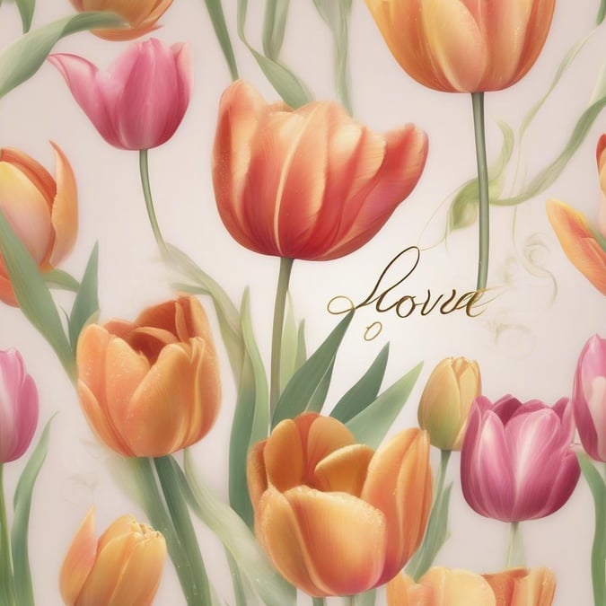 A beautiful floral wallpaper with vibrant tulips and the word 'Love' written in a whimsical font, perfect for celebrating Mother's Day.