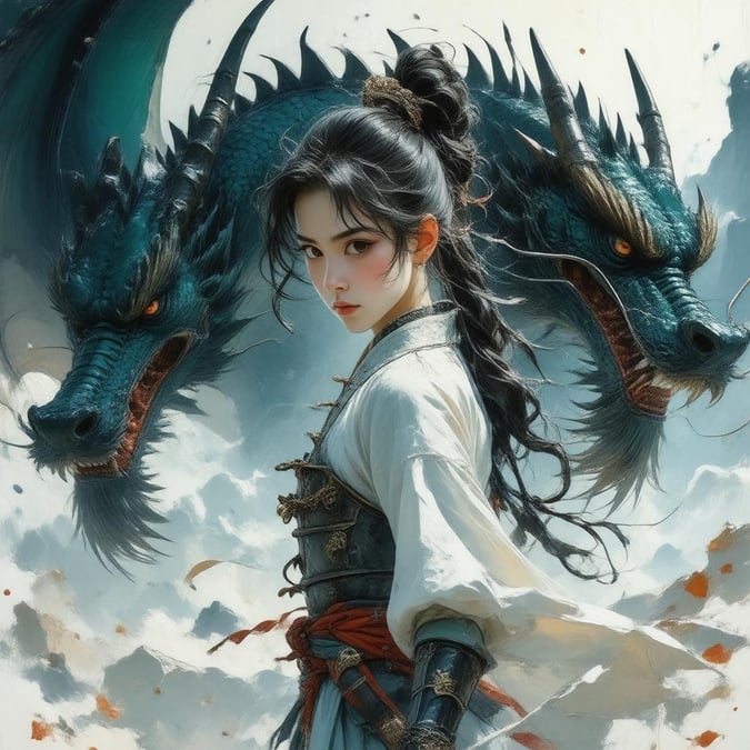 The image portrays an intense battle between a brave warrior and two majestic dragons. The warrior is dressed in traditional armor, signifying her role as a protector or guardian of the realm. The artwork captures a moment of high drama, with the dragons in full flight against a backdrop that suggests an ancient forest or a mystical cliffside. The color palette is dominated by deep blues and greens, evoking a sense of fantasy and adventure.