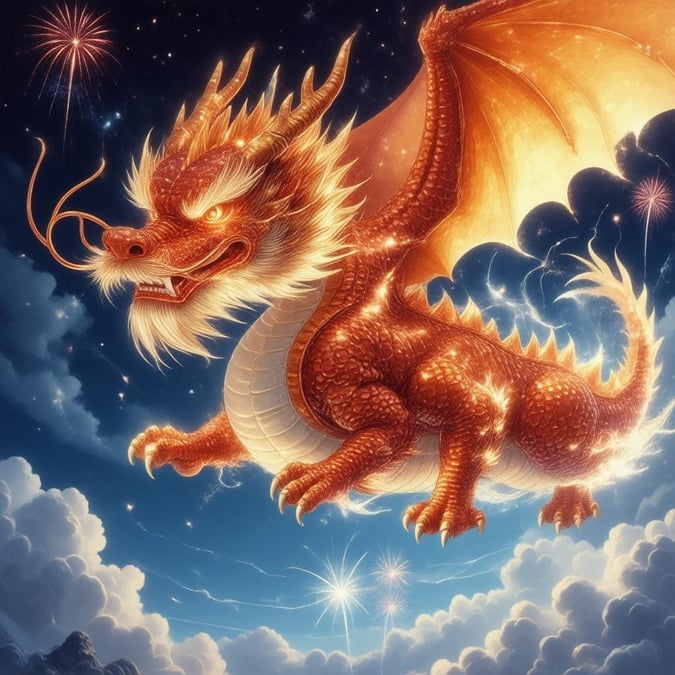 A majestic anime-style illustration of a dragon soaring through the sky, its scales shimmering like diamonds, and fireworks exploding in the distance.