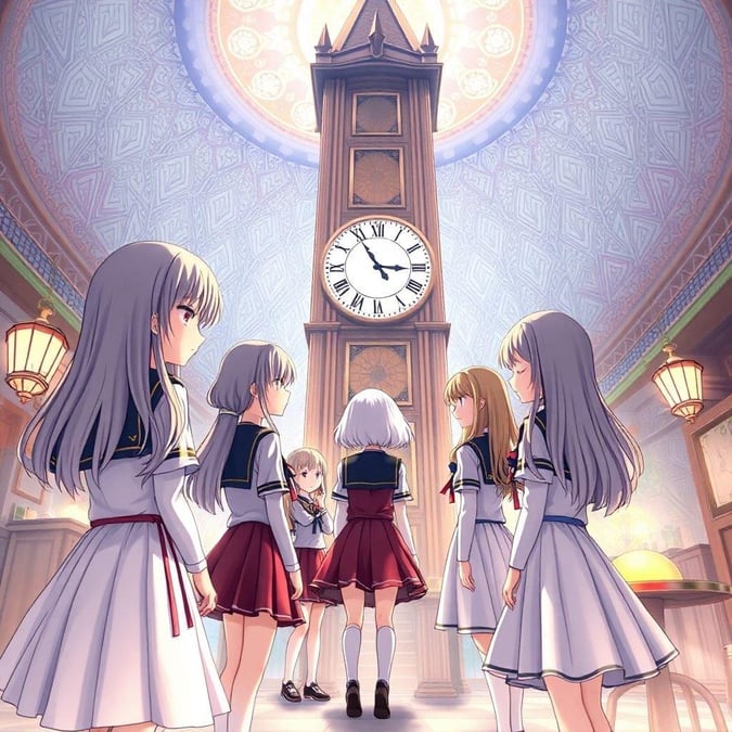 Step into a whimsical world where time stands still, and the beauty of anime comes alive. This captivating digital illustration transports you to a fantastical cafe, where a group of schoolgirls, dressed in traditional attire, gather around a large clock tower. Their faces, a masterpiece of light and shadow, are the focal point of this enchanting scene. As you gaze upon the intricate patterns and warm glow of the backdrop, you can't help but feel like you're part of an anime-like dream.