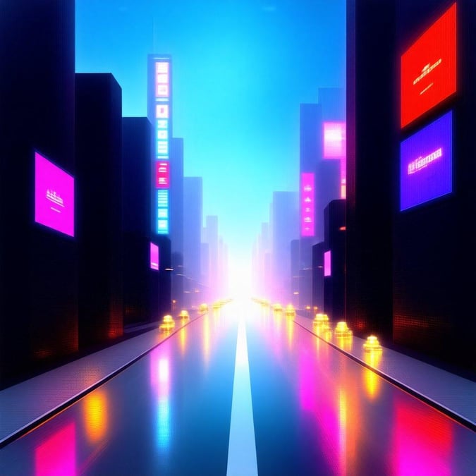 A futuristic city street, bathed in the glow of towering neon signs against a purple sky.