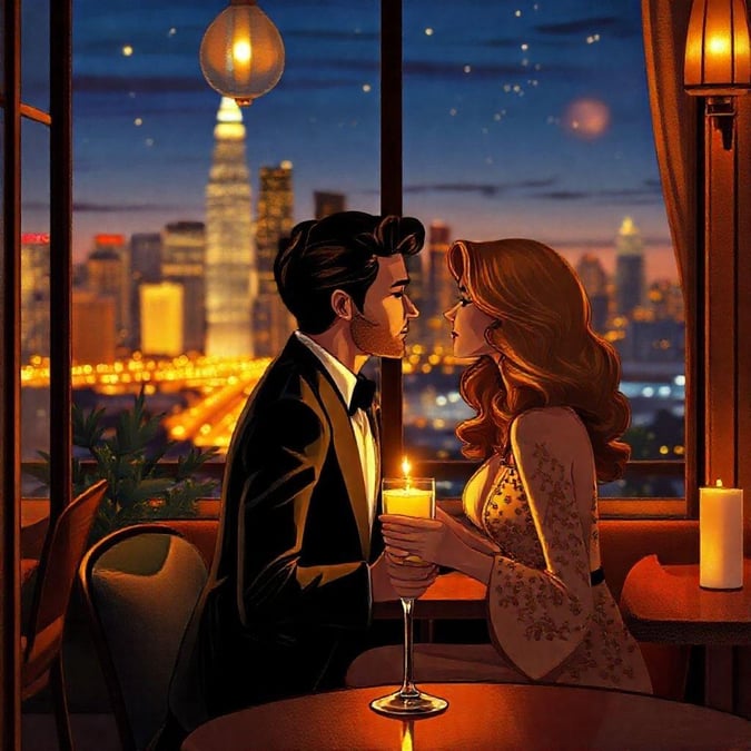 A couple shares an intimate moment on a city balcony during twilight. Enjoy the romantic ambiance of the bustling city at night with this stunning wallpaper.