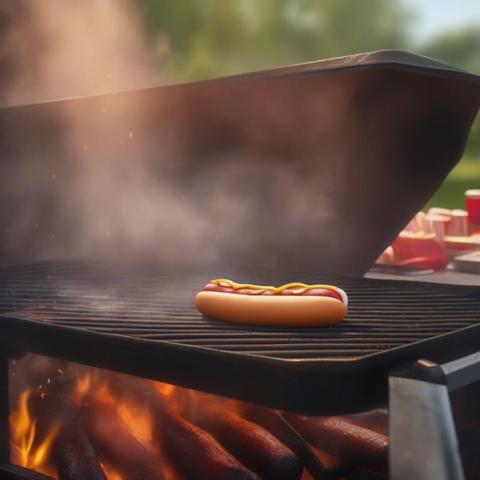 A juicy hot dog sizzling on the grill, ready to be devoured.