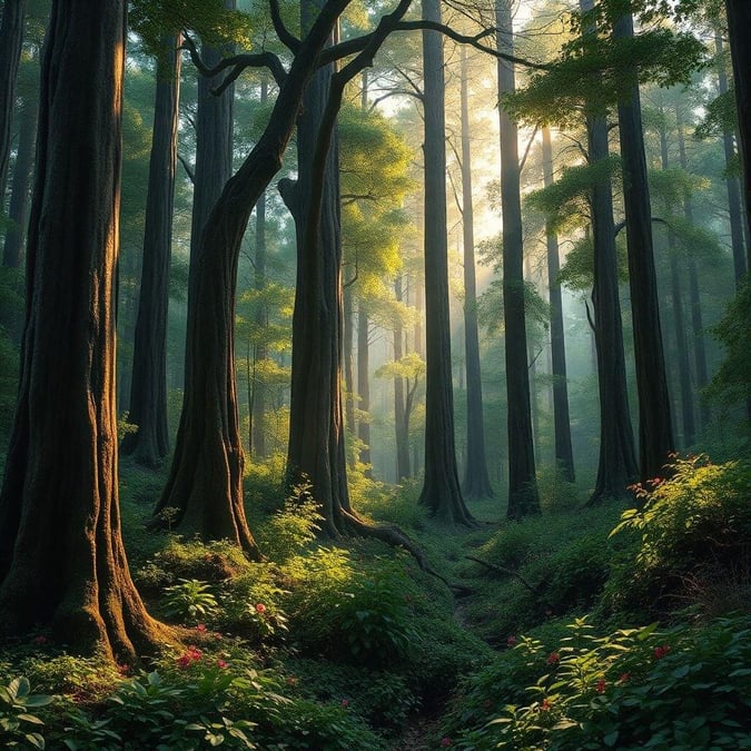 A serene journey through an ethereal forest bathed in the soft glow of sunbeams filtering through the canopy.