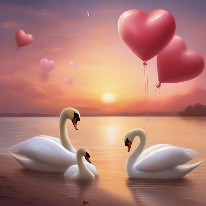 This romantic image depicts two elegant swans floating on a serene lake at sunset. The soft hues and the presence of floating hearts add to the Valentine's Day atmosphere.