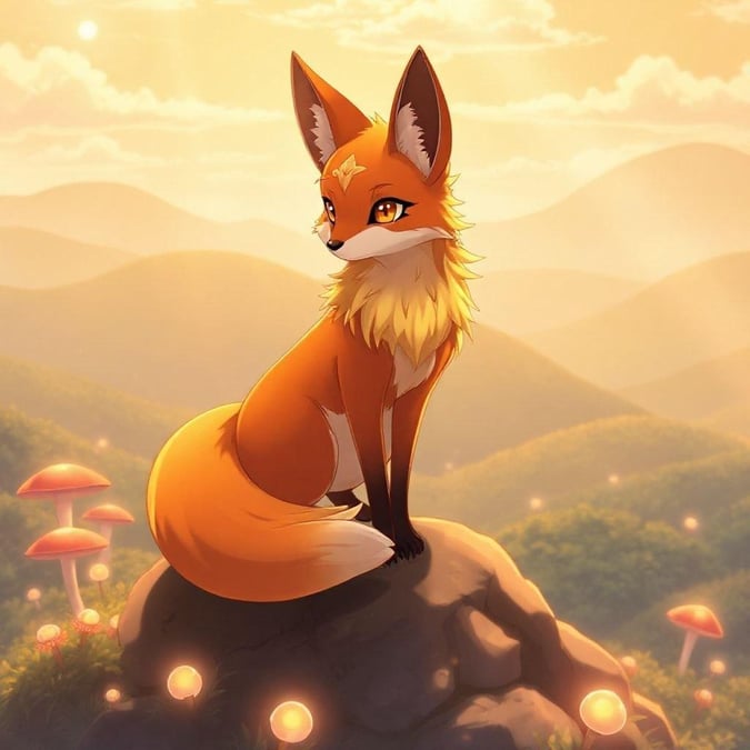 A serene anime illustration featuring a vibrant fox-like creature perched on a rock amidst a lush garden. With a touch of magic, this tranquil scene embodies harmony with nature.