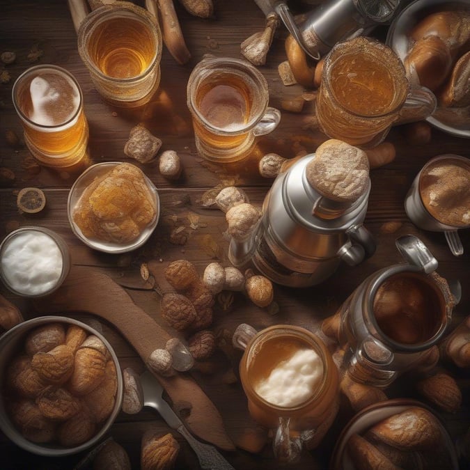 A close-up view of various ingredients and tools used in brewing beer, capturing the essence of the Oktoberfest celebration.