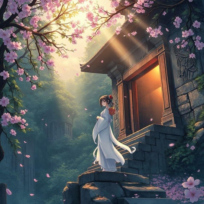 Immerse yourself in the world of anime with this stunning wallpaper featuring a ghostly geisha standing at the edge of a forgotten temple, surrounded by cherry blossom petals.