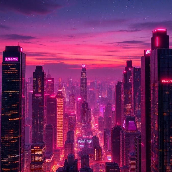 A dreamy view of a city skyline at sunset, illuminated by the soft glow of pink lights. This futuristic scene is perfect for Valentine's Day wallpaper.