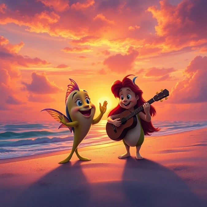 This beautiful image features Ariel and Flounder from Disney's The Little Mermaid enjoying a day at the beach. The vibrant colors and playful atmosphere make it perfect for desktop and mobile wallpapers.