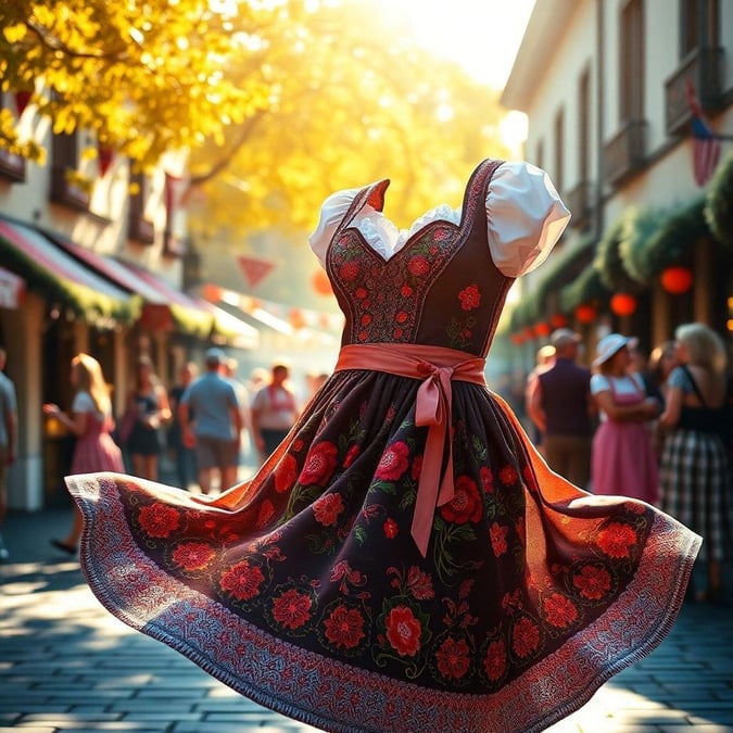 This festive dress, reminiscent of traditional Bavarian attire, is perfect for celebrating at the Oktoberfest. The vibrant floral design and ruffled sleeves bring a touch of joyful folk culture to any setting. Embrace the spirit of the festival with this charming outfit.