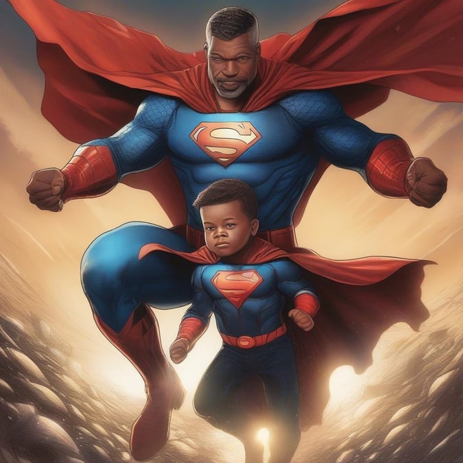 A proud superhero father with his young son, celebrating Father's Day with a powerful image.