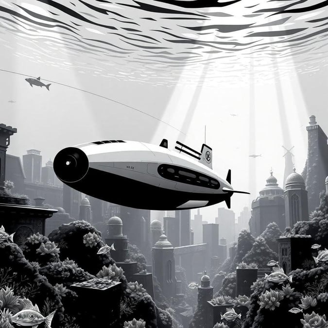 An eerie black and white depiction of an underwater city, featuring a submarine emerging from the depths. The architecture suggests a lost civilization or a hidden world below the waves.