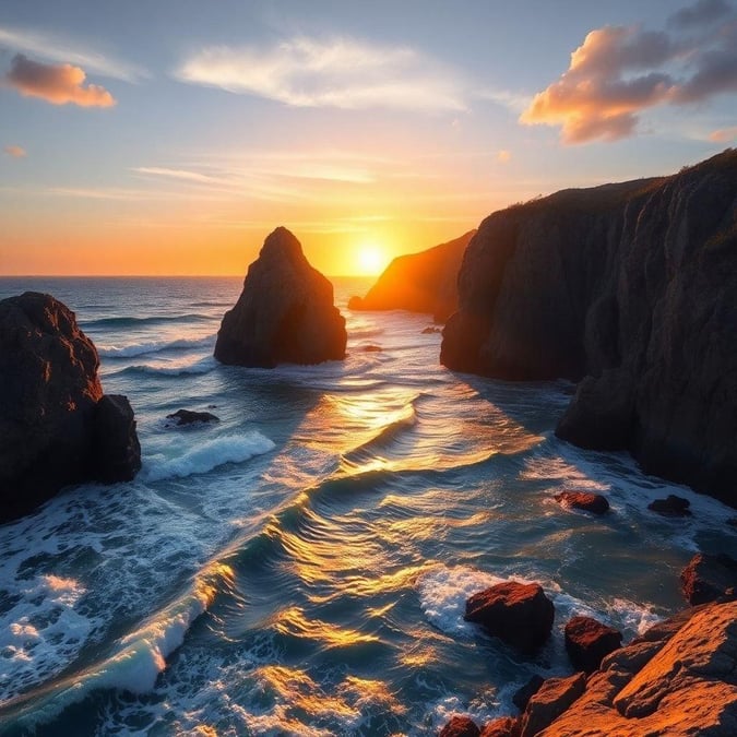 Desfrute da beleza tranquila de um pôr do sol com uma vista deslumbrante sobre falésias rochosas e ondas quebrando.