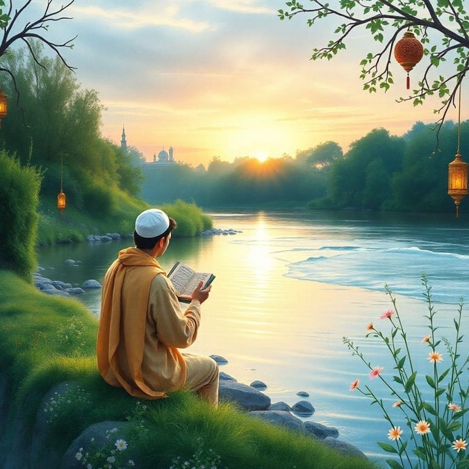 As the sun sets, a man in traditional Islamic clothing reads his holy book, seeking wisdom and tranquility during the sacred month of Ramadan.