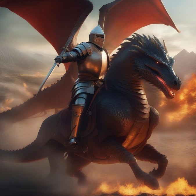 A knight rides a dragon through a mountainous landscape, with a sunset or sunrise in the background. The knight is dressed in armor and holding a sword, while the dragon has wings spread wide and fire emanating from its mouth.