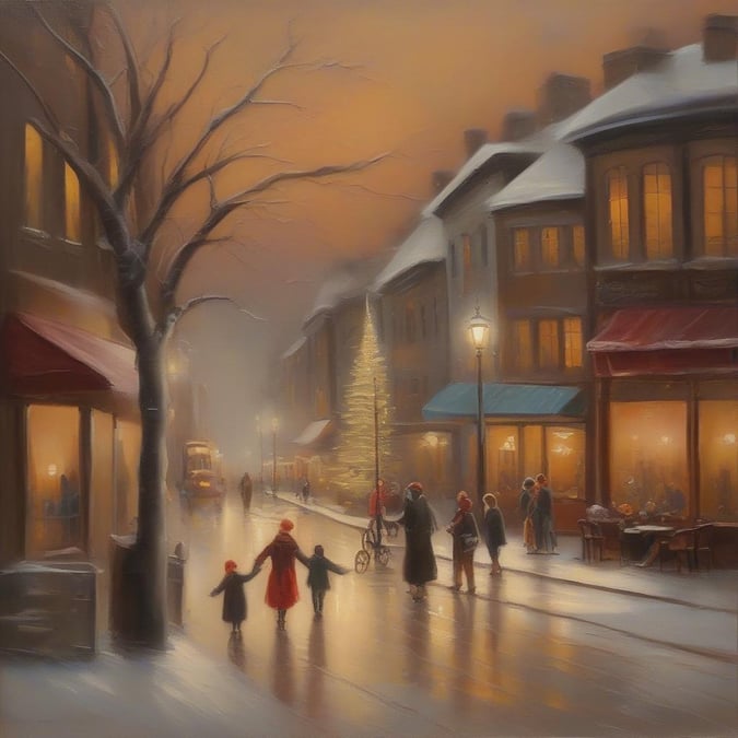 A cozy small town street at dusk, filled with the joyous spirit of Christmas.