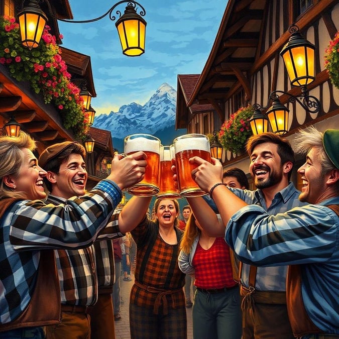 Friends gather in traditional German garb to raise their steins in a toast at an Oktoberfest celebration.