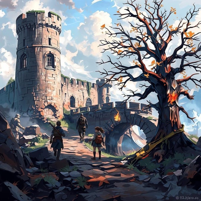 Embark on a thrilling adventure with this anime-style wallpaper, featuring a group of adventurers exploring an abandoned castle. The detailed digital illustration showcases a vibrant color palette, with a large stone tower, a small bridge, and a tall tree with sparse leaves. Perfect for desktop and mobile use, this wallpaper captures the essence of adventure and exploration.