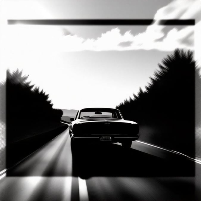 This stunning black and white wallpaper features a sleek car driving down a winding road, surrounded by lush trees and a clear sky. The monochromatic color scheme adds a touch of sophistication and elegance to the image, making it perfect for desktop and mobile use.