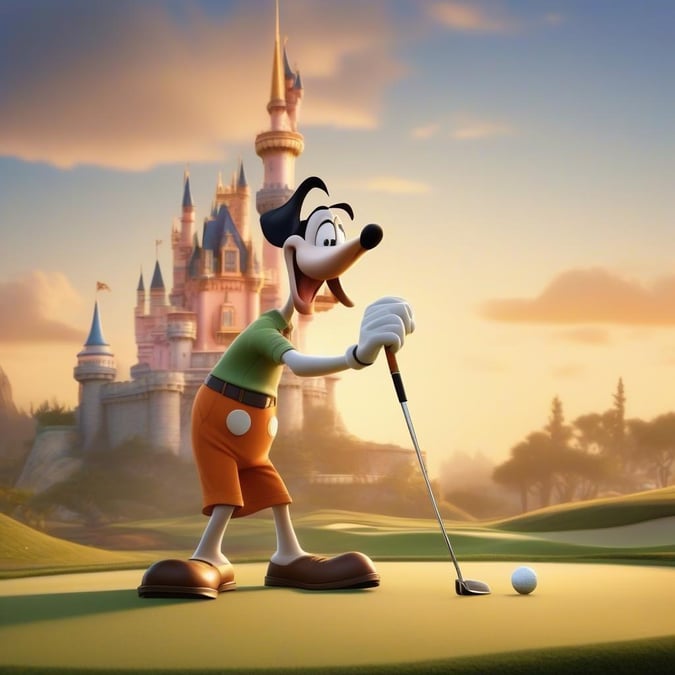 Casual caption. Mickey Mouse enjoys a round of golf, taking a swing with enthusiasm. The sun is setting behind the castle in the background, adding a touch of enchantment to the scene.