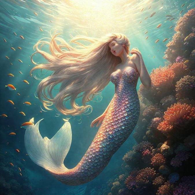 Beneath the waves, a princess mermaid gazes upward, captivated by the sunlight filtering through the depths. Her shimmering tail and scales suggest an underworldly beauty in this dreamlike scene.