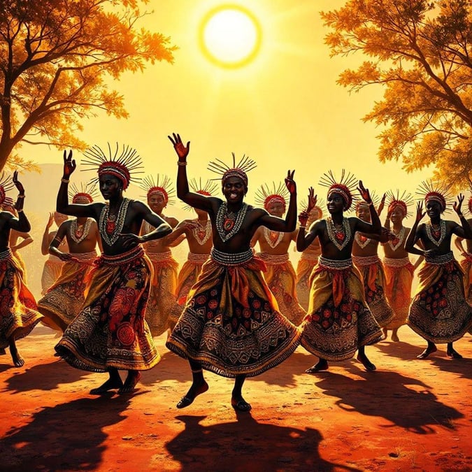 This vibrant wallpaper showcases a group of people dancing in traditional African attire, surrounded by trees and a bright sun. The image captures the energy and joy of cultural celebrations, making it a great addition to any desktop or mobile device.