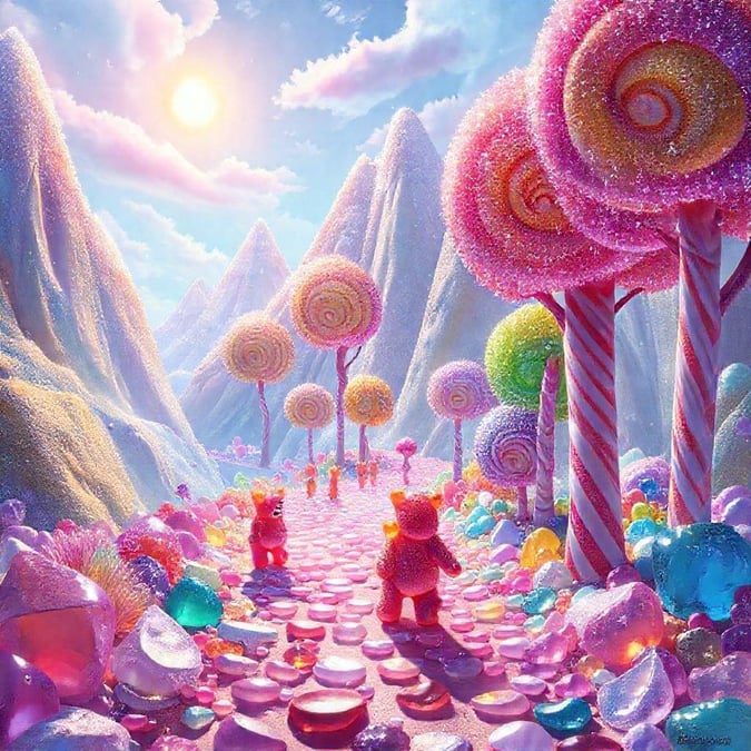 A whimsical journey through a fantastical world where candy and sweets come alive. The path is lit by the sun's rays, guiding our little bear friend on an adventure through a magical valley filled with sweet treats.