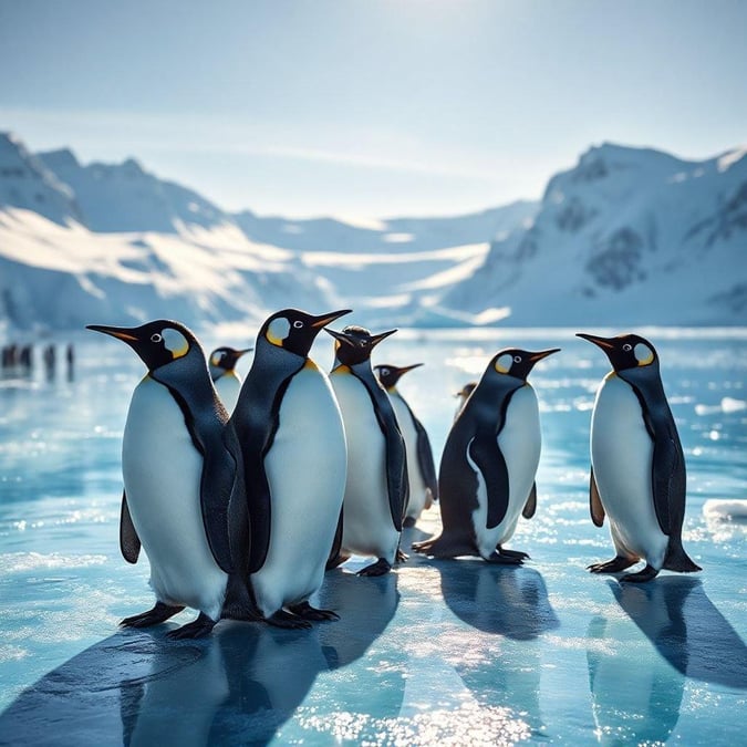 This stunning wallpaper features a group of penguins standing on ice, showcasing their unique adaptations to the cold climate.