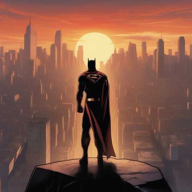 In this stunning comic book-style illustration, Superman stands tall on a rooftop, gazing out over the city skyline as the sun sets behind him. The vibrant colors and dynamic composition bring the iconic superhero to life, capturing the essence of his legendary status as the Last Son of Krypton.