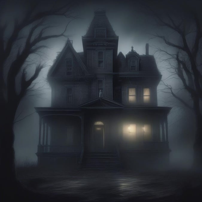 Get into the spirit of Halloween with this spooky wallpaper featuring a large, old-fashioned house and bare trees.