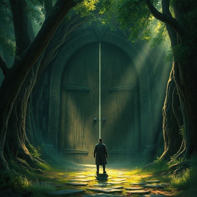 Step into a world of wonder and magic with this fantasy forest doorway wallpaper. Perfect for fans of fantasy and science fiction, this image transports you to a mystical realm where ancient trees and mysterious doors await discovery.