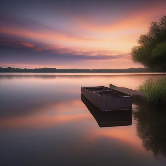 This stunning wallpaper captures the tranquility of a lake at sunset, perfect for adding a touch of calm to your desktop or mobile device.