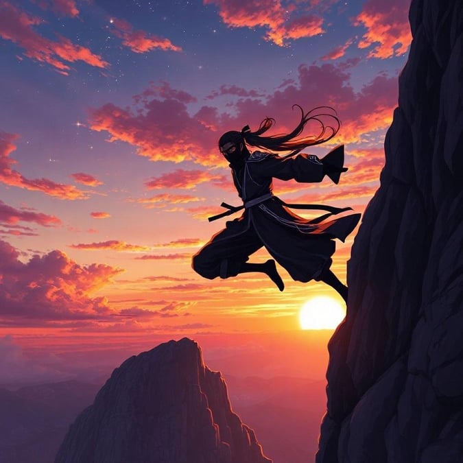 A ninja in black and white is captured mid-jump from a rocky cliff against the backdrop of a stunning sunset, creating an image that blends the intensity of the warrior with the tranquility of nature.