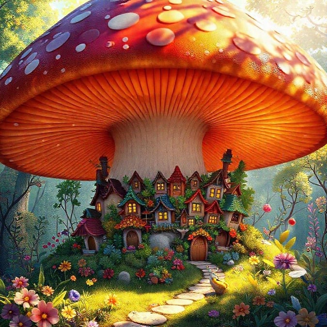 A whimsical digital art illustration depicting a magical house built inside the cap of a giant mushroom, surrounded by lush greenery and flowers under a softly lit sky.