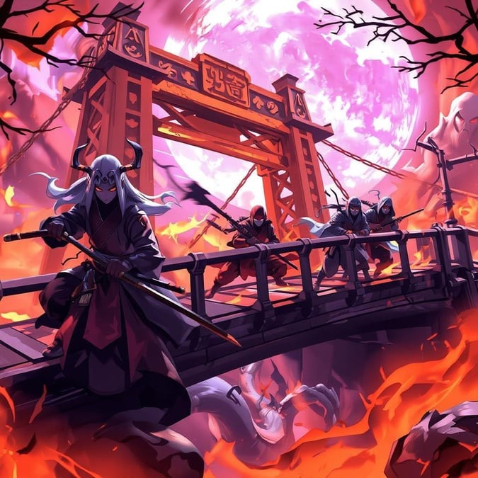 This captivating anime wallpaper features a group of ghostly ninja warriors engaged in a fierce battle across a haunted bridge. The scene is set against a backdrop of warm orange and yellow hues, with the bridge's intricate details adding to the mysterious atmosphere. The focus is on the ninja warriors, their silhouettes contrasting the vibrant pink and white backdrop.