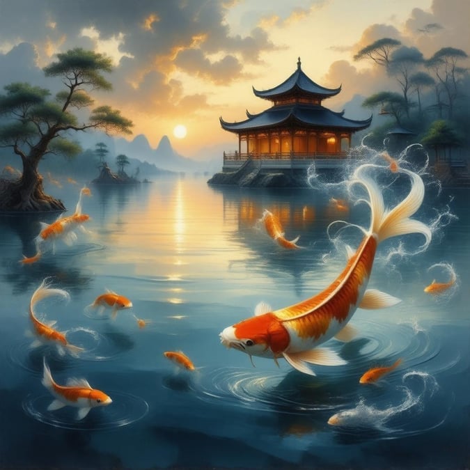 Immerse yourself in the tranquil world of anime with this captivating wallpaper, where a koi fish swims amidst mythical serpents in a serene body of water, set against the backdrop of a temple bathed in the warm glow of the setting sun.