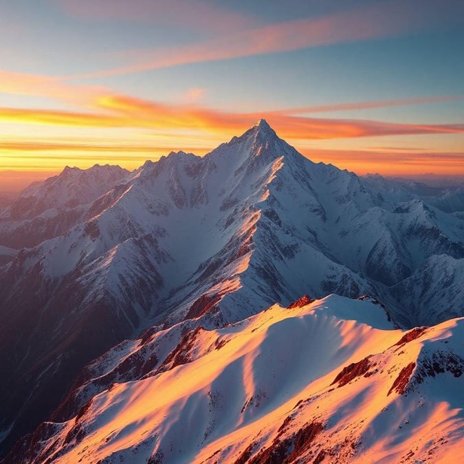 Experience the tranquility of nature with this breathtaking view of snow-capped mountain peaks under a stunning sunset. The vibrant colors of the sky reflect off the frozen surface, creating a serene and picturesque scene that's perfect for your desktop or mobile wallpaper.