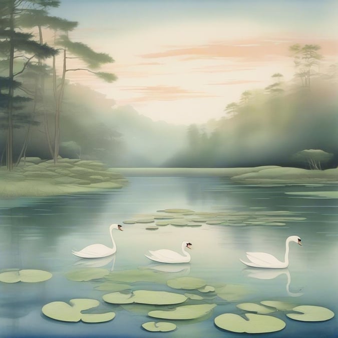 A peaceful lake scene with three swans swimming in the water, surrounded by lily pads and trees in the background.