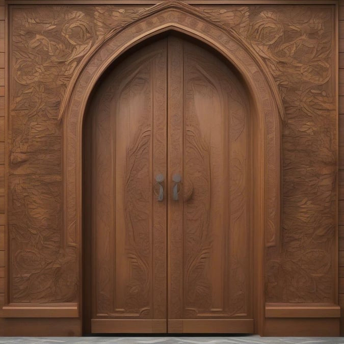 This image captures an intricate, Gothic-style wooden archway. The doors are tall and made of dark wood with intricate carvings that add to the medieval charm. The arch itself is supported by a richly detailed stone frame, hinting at the grandeur of historic architecture.